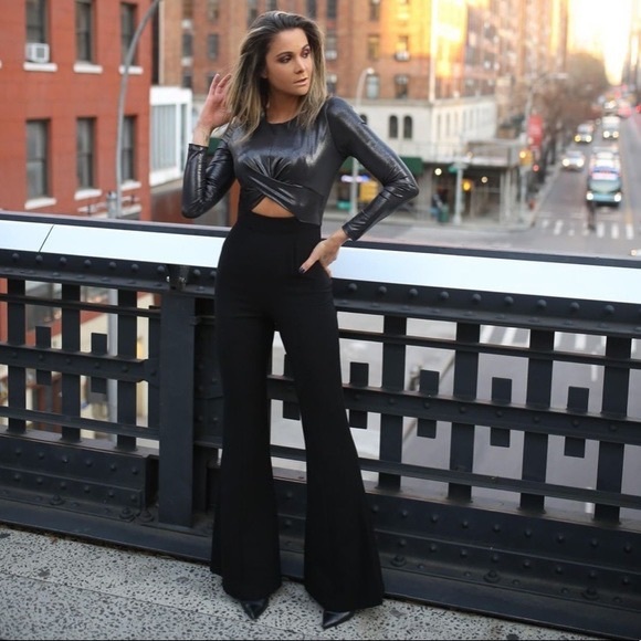 Black Halo Pants - Black Halo Angie Flared Leg Jumpsuit Cutout Metallic Silver Bodice Romper 12